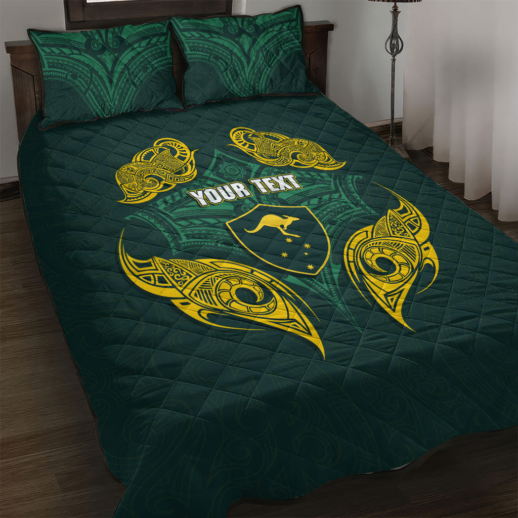 Custom Kangaroos Rugby Quilt Bed Set Polynesian Tribal Pattern Green Gold National Team