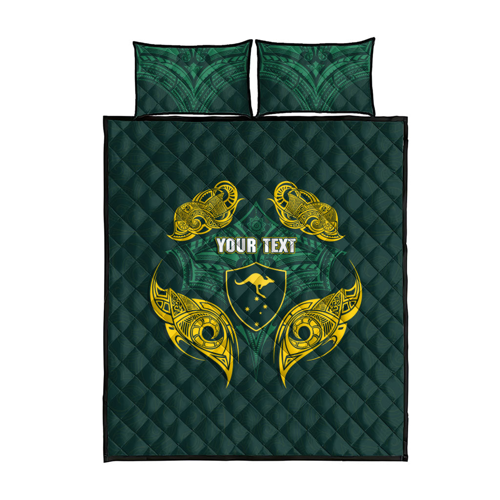 Custom Kangaroos Rugby Quilt Bed Set Polynesian Tribal Pattern Green Gold National Team
