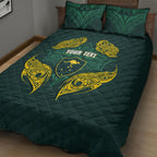Custom Kangaroos Rugby Quilt Bed Set Polynesian Tribal Pattern Green Gold National Team