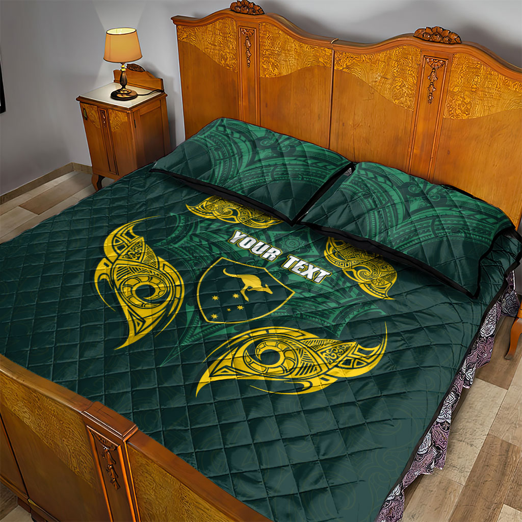 Custom Kangaroos Rugby Quilt Bed Set Polynesian Tribal Pattern Green Gold National Team