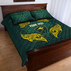 Custom Kangaroos Rugby Quilt Bed Set Polynesian Tribal Pattern Green Gold National Team