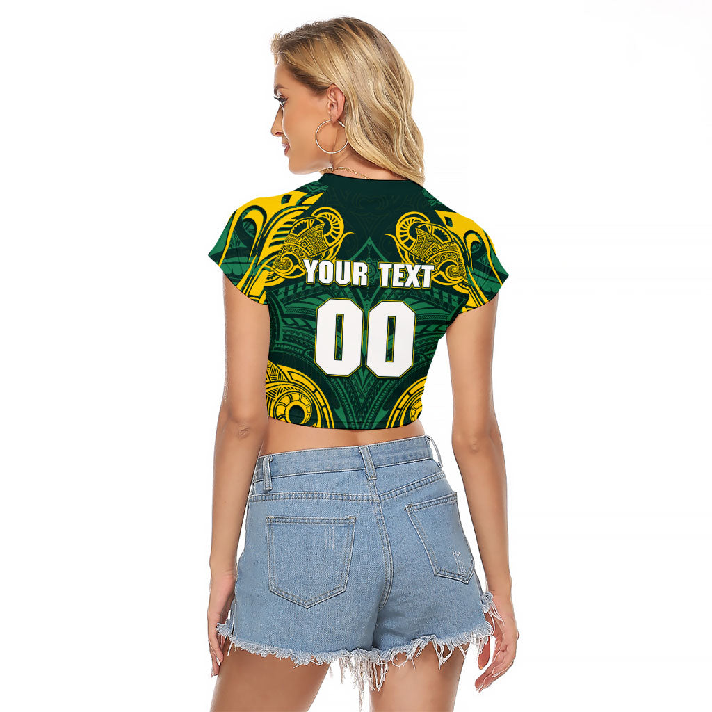 Custom Kangaroos Rugby Raglan Cropped T Shirt Polynesian Tribal Pattern Green Gold National Team