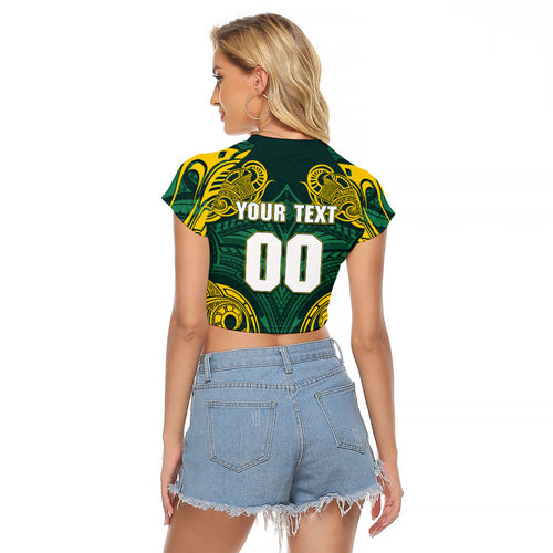 Custom Kangaroos Rugby Raglan Cropped T Shirt Polynesian Tribal Pattern Green Gold National Team