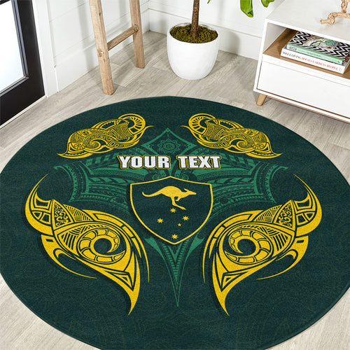 Custom Kangaroos Rugby Round Carpet Polynesian Tribal Pattern Green Gold National Team