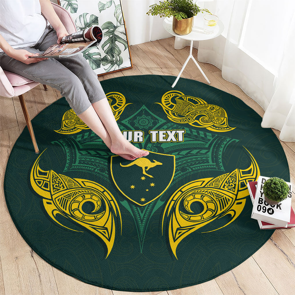 Custom Kangaroos Rugby Round Carpet Polynesian Tribal Pattern Green Gold National Team