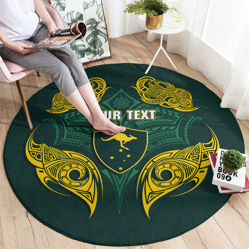Custom Kangaroos Rugby Round Carpet Polynesian Tribal Pattern Green Gold National Team