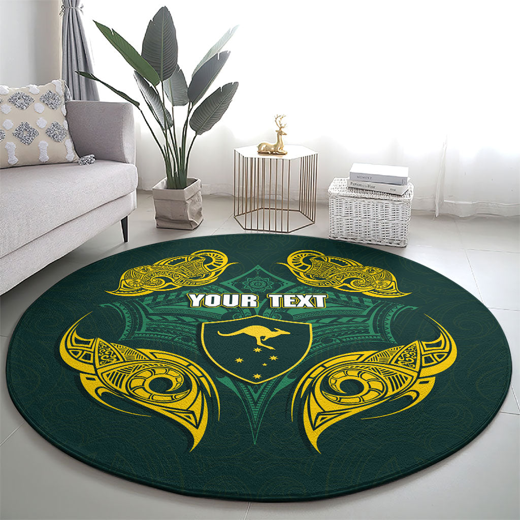 Custom Kangaroos Rugby Round Carpet Polynesian Tribal Pattern Green Gold National Team