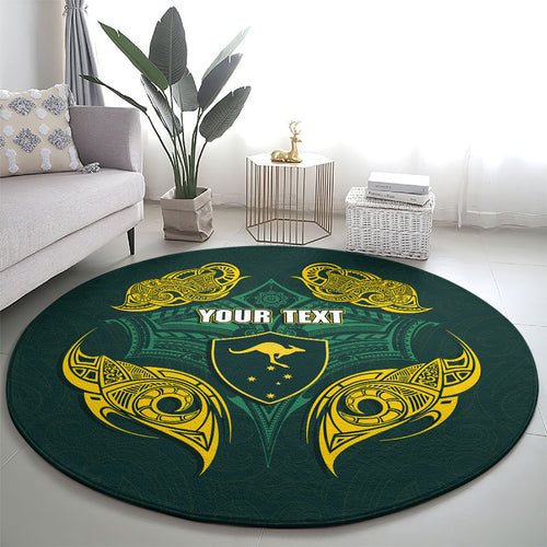 Custom Kangaroos Rugby Round Carpet Polynesian Tribal Pattern Green Gold National Team