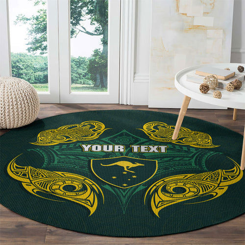 Custom Kangaroos Rugby Round Carpet Polynesian Tribal Pattern Green Gold National Team
