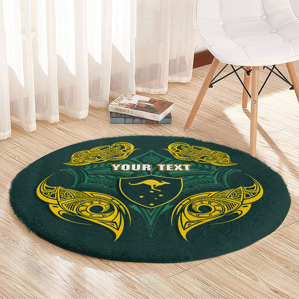 Custom Kangaroos Rugby Round Carpet Polynesian Tribal Pattern Green Gold National Team