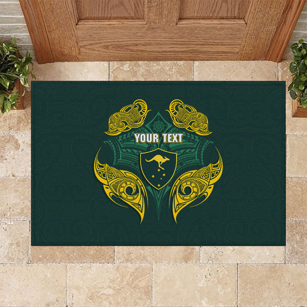 Custom Kangaroos Rugby Rubber Doormat Polynesian Tribal Pattern Green Gold National Team