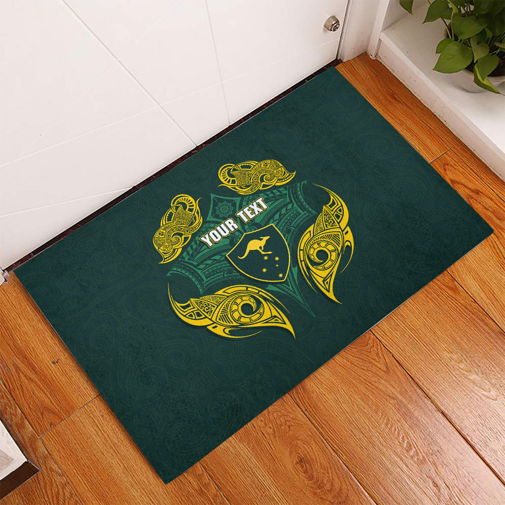 Custom Kangaroos Rugby Rubber Doormat Polynesian Tribal Pattern Green Gold National Team