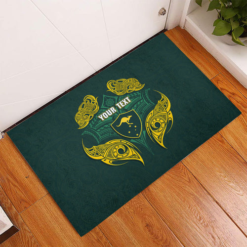 Custom Kangaroos Rugby Rubber Doormat Polynesian Tribal Pattern Green Gold National Team