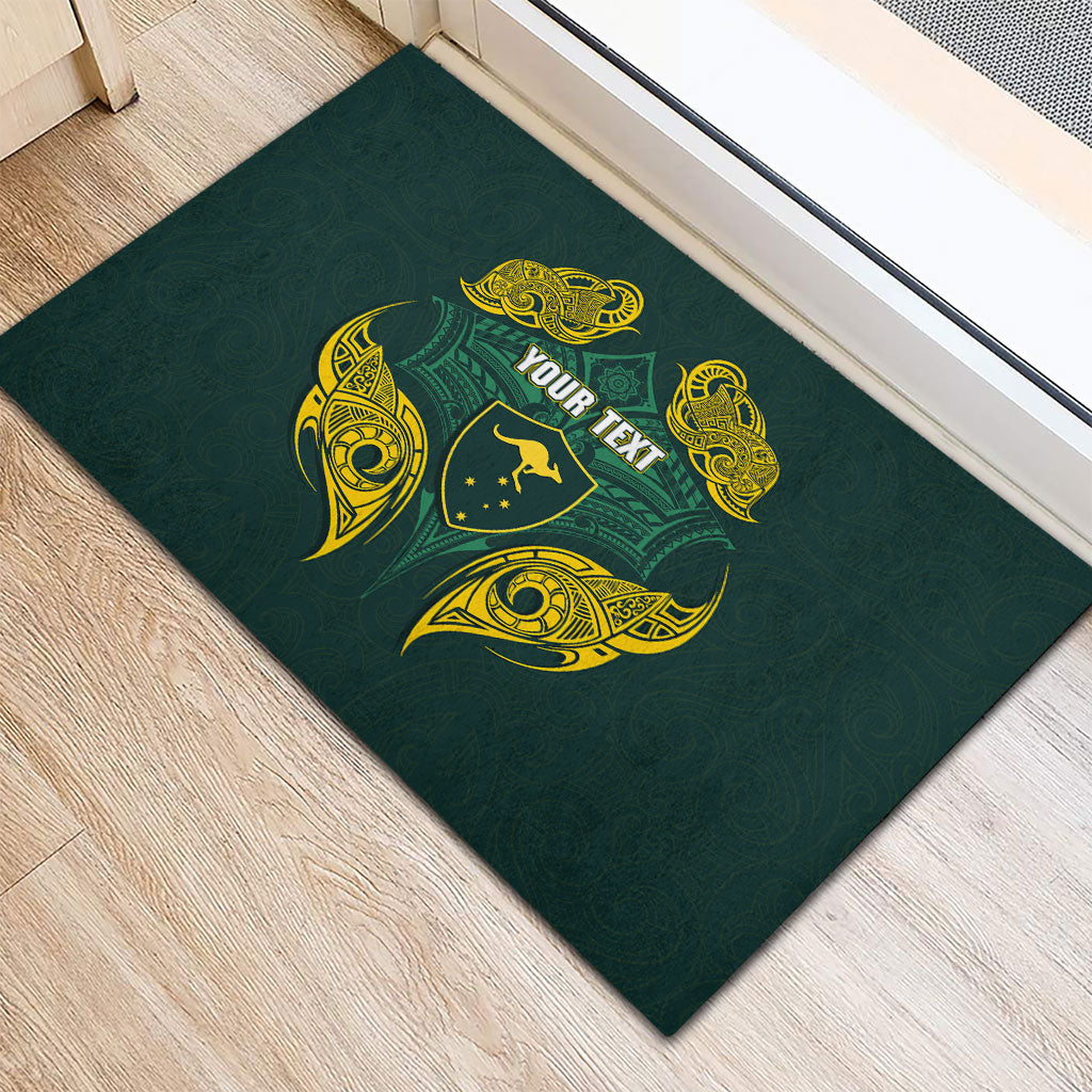 Custom Kangaroos Rugby Rubber Doormat Polynesian Tribal Pattern Green Gold National Team