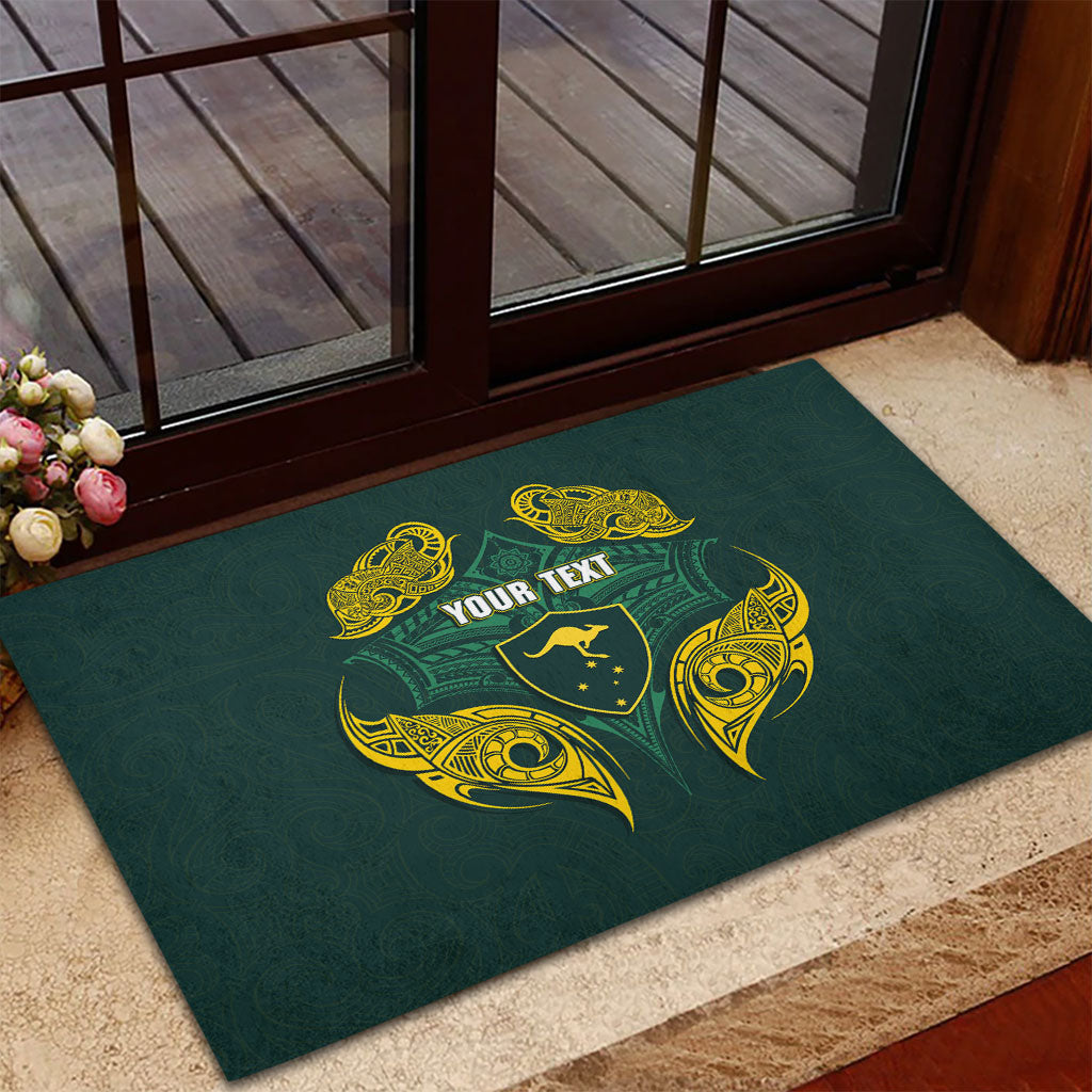 Custom Kangaroos Rugby Rubber Doormat Polynesian Tribal Pattern Green Gold National Team