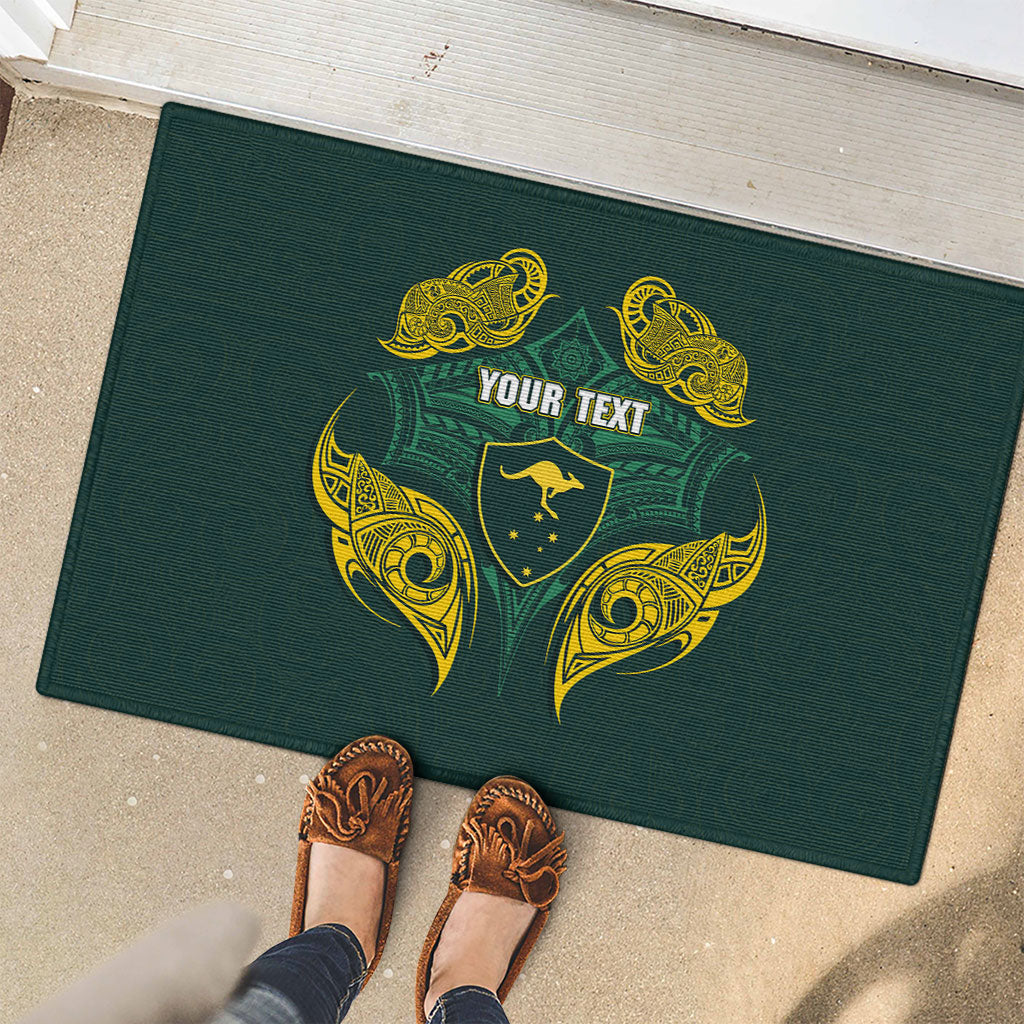 Custom Kangaroos Rugby Rubber Doormat Polynesian Tribal Pattern Green Gold National Team