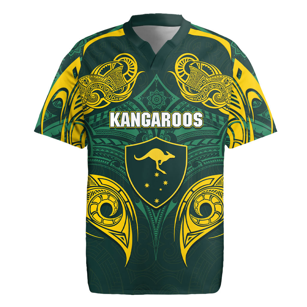 Custom Kangaroos Rugby Rugby Jersey Polynesian Tribal Pattern Green Gold National Team