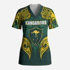 Custom Kangaroos Rugby Scrub Top Polynesian Tribal Pattern Green Gold National Team
