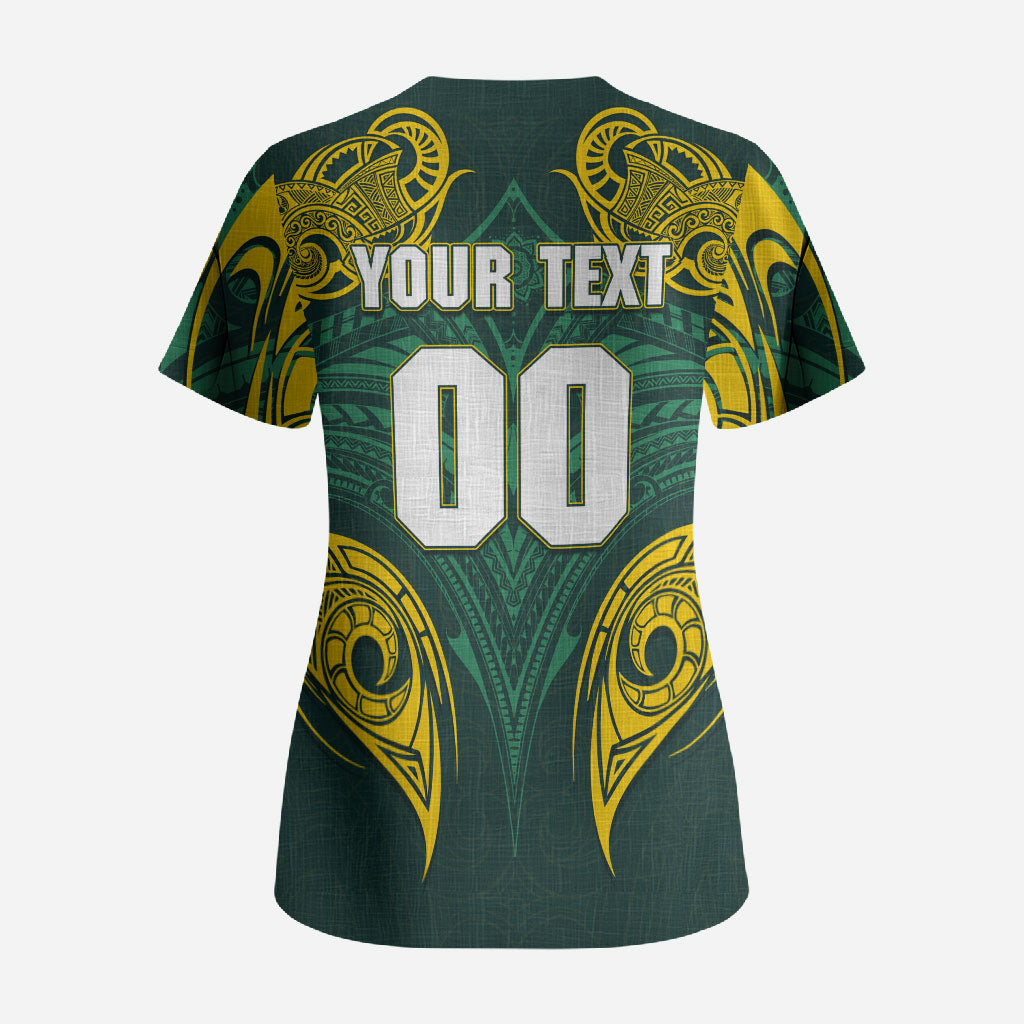 Custom Kangaroos Rugby Scrub Top Polynesian Tribal Pattern Green Gold National Team
