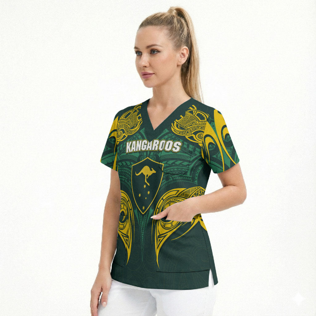 Custom Kangaroos Rugby Scrub Top Polynesian Tribal Pattern Green Gold National Team