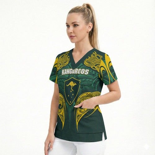 Custom Kangaroos Rugby Scrub Top Polynesian Tribal Pattern Green Gold National Team