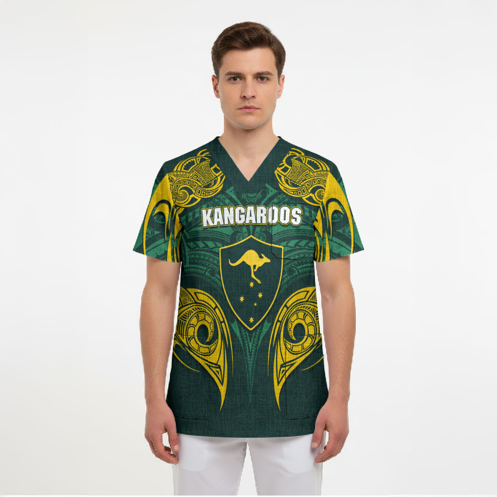 Custom Kangaroos Rugby Scrub Top Polynesian Tribal Pattern Green Gold National Team