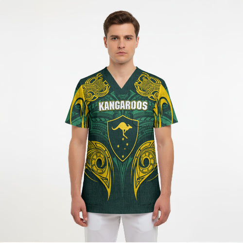 Custom Kangaroos Rugby Scrub Top Polynesian Tribal Pattern Green Gold National Team