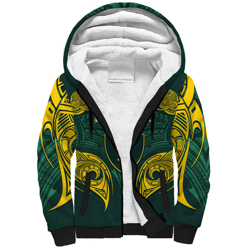 Custom Kangaroos Rugby Sherpa Hoodie Polynesian Tribal Pattern Green Gold National Team