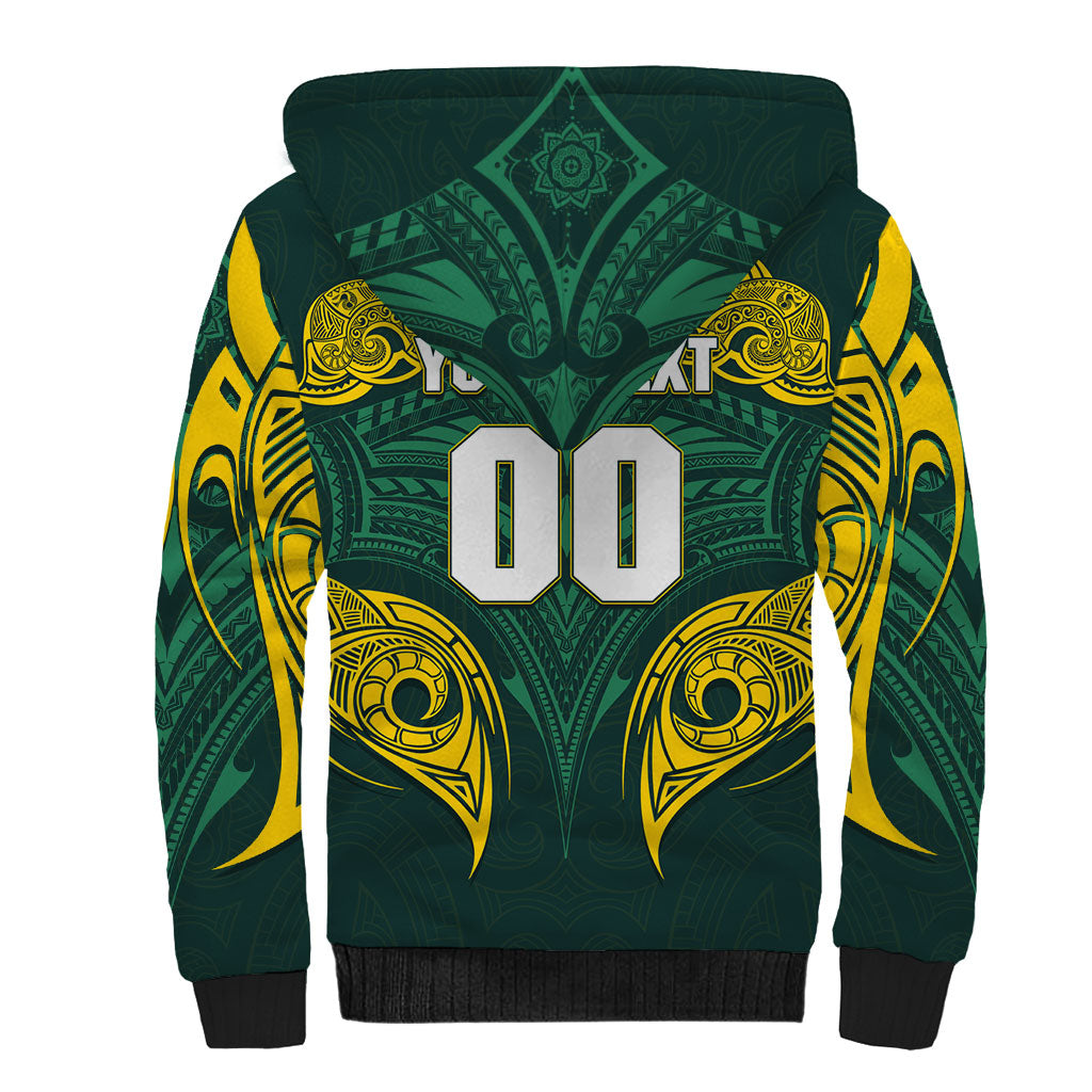 Custom Kangaroos Rugby Sherpa Hoodie Polynesian Tribal Pattern Green Gold National Team