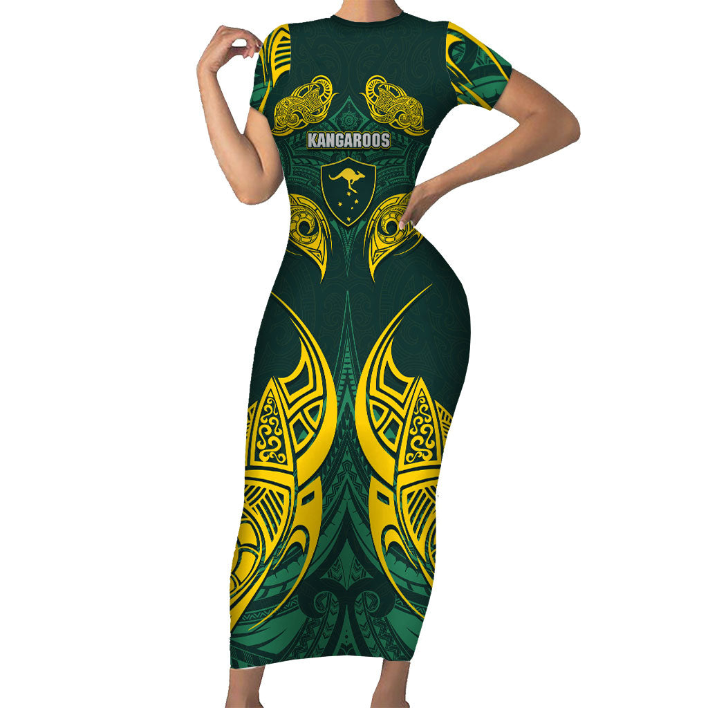 Custom Kangaroos Rugby Short Sleeve Bodycon Dress Polynesian Tribal Pattern Green Gold National Team