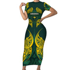 Custom Kangaroos Rugby Short Sleeve Bodycon Dress Polynesian Tribal Pattern Green Gold National Team