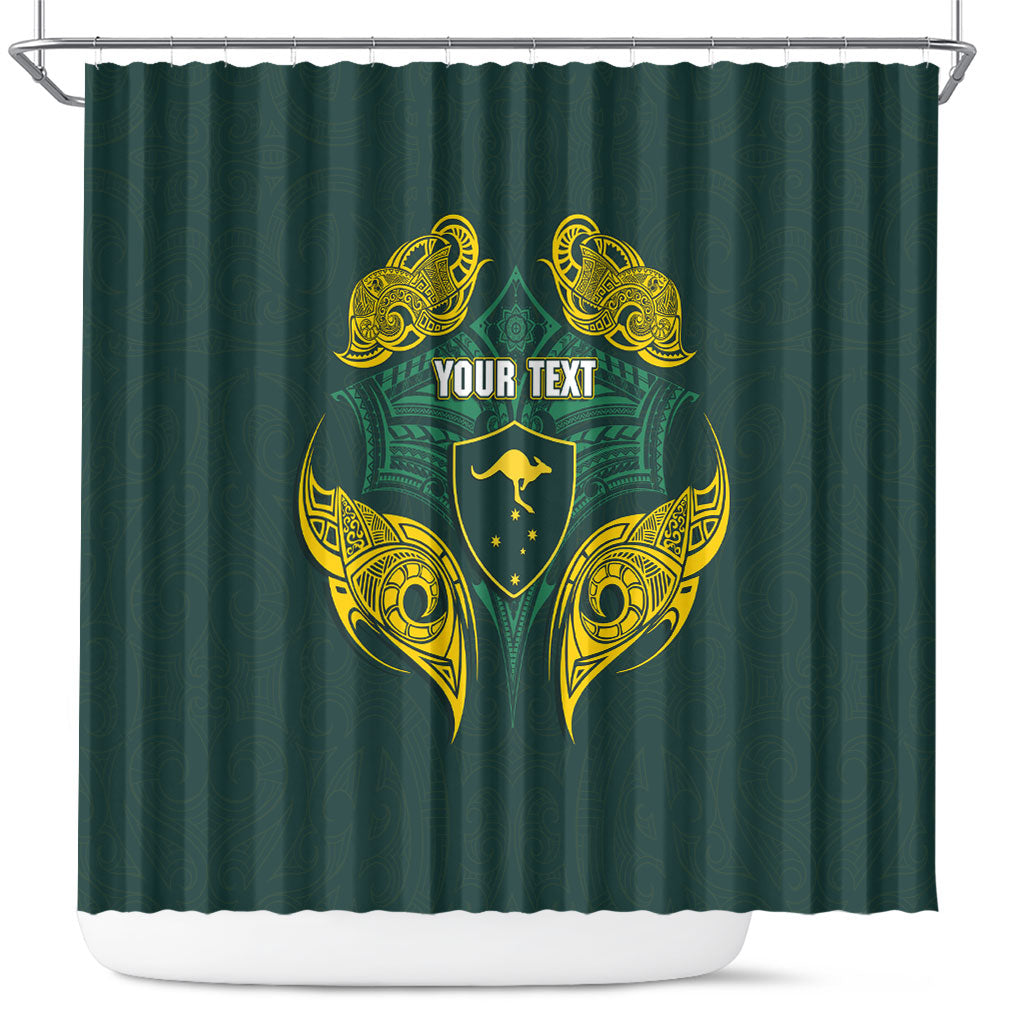 Custom Kangaroos Rugby Shower Curtain Polynesian Tribal Pattern Green Gold National Team