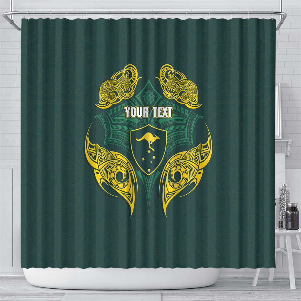 Custom Kangaroos Rugby Shower Curtain Polynesian Tribal Pattern Green Gold National Team