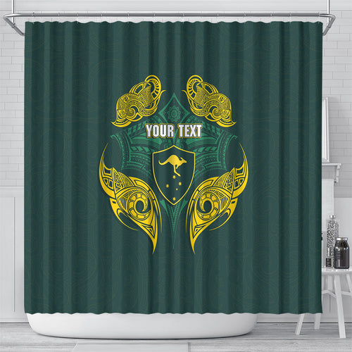 Custom Kangaroos Rugby Shower Curtain Polynesian Tribal Pattern Green Gold National Team