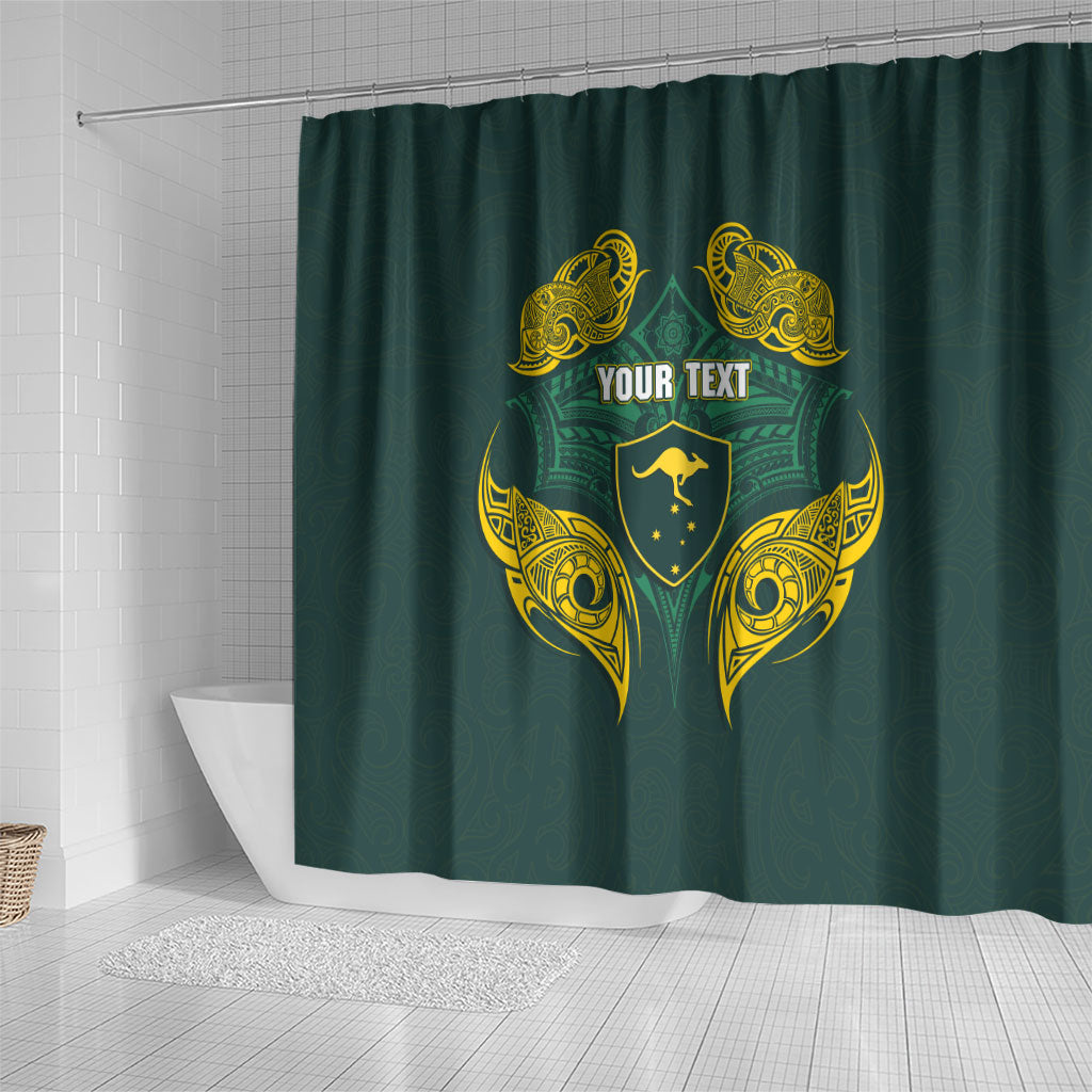Custom Kangaroos Rugby Shower Curtain Polynesian Tribal Pattern Green Gold National Team