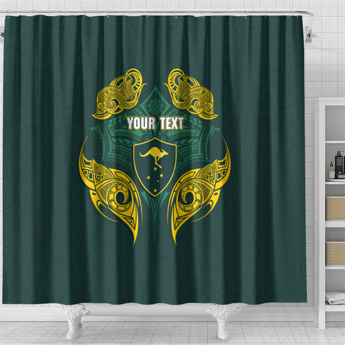 Custom Kangaroos Rugby Shower Curtain Polynesian Tribal Pattern Green Gold National Team