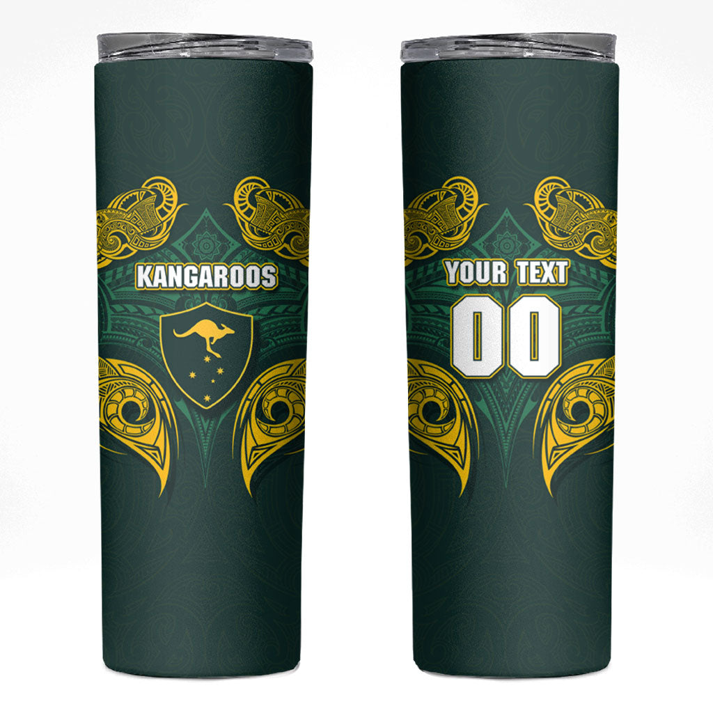 Custom Kangaroos Rugby Skinny Tumbler Polynesian Tribal Pattern Green Gold National Team