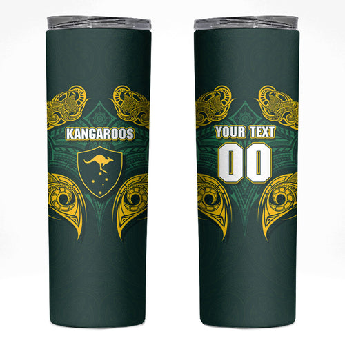 Custom Kangaroos Rugby Skinny Tumbler Polynesian Tribal Pattern Green Gold National Team