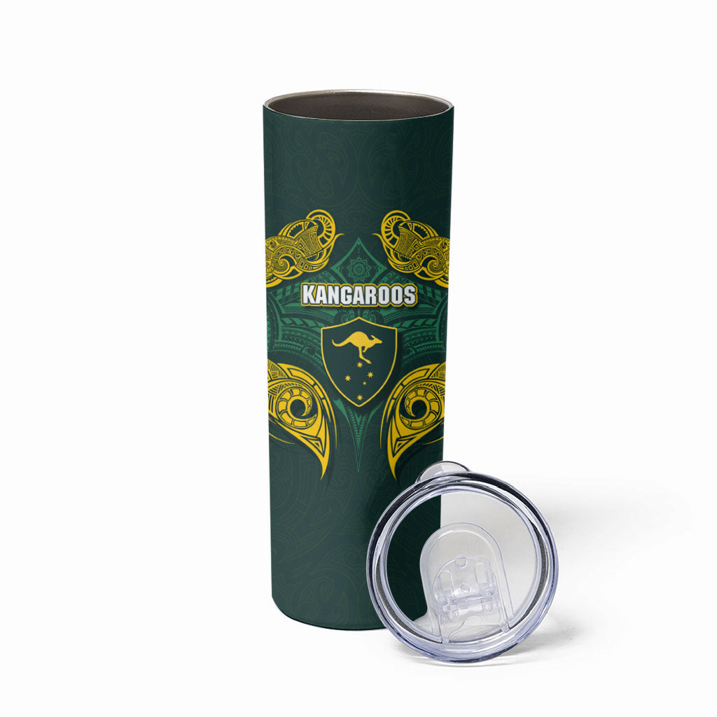 Custom Kangaroos Rugby Skinny Tumbler Polynesian Tribal Pattern Green Gold National Team