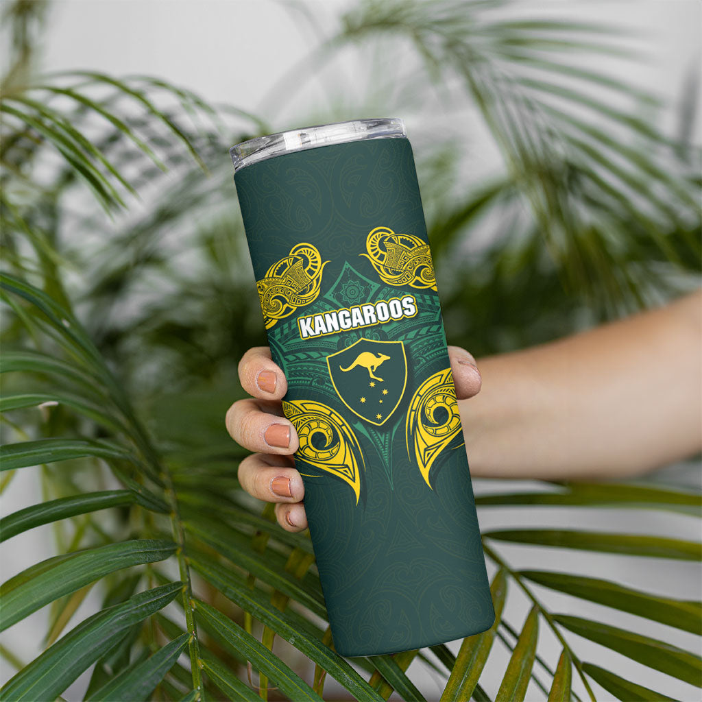 Custom Kangaroos Rugby Skinny Tumbler Polynesian Tribal Pattern Green Gold National Team
