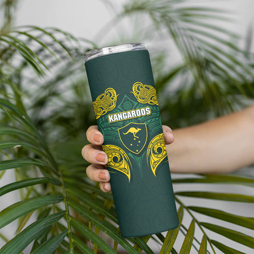 Custom Kangaroos Rugby Skinny Tumbler Polynesian Tribal Pattern Green Gold National Team