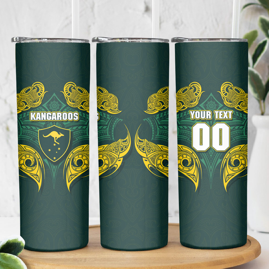 Custom Kangaroos Rugby Skinny Tumbler Polynesian Tribal Pattern Green Gold National Team