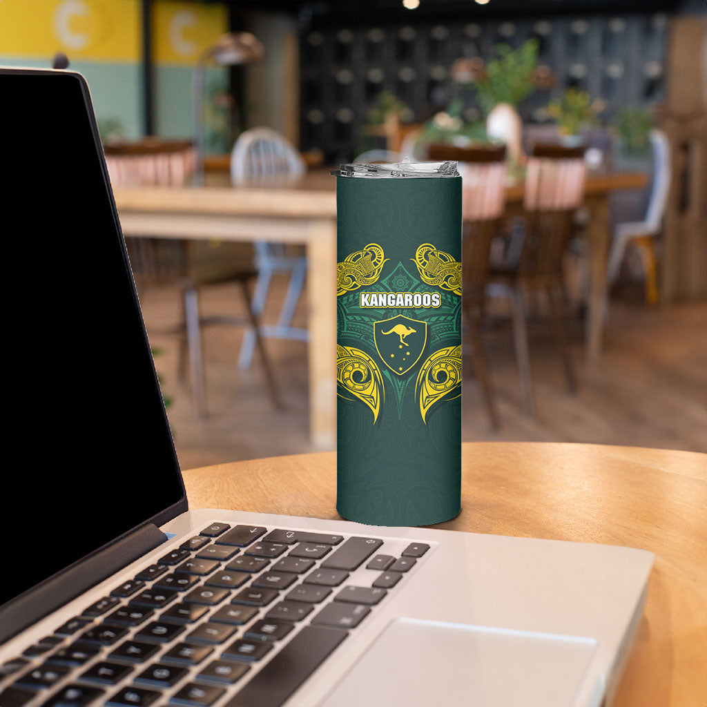 Custom Kangaroos Rugby Skinny Tumbler Polynesian Tribal Pattern Green Gold National Team