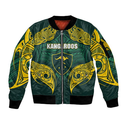 Custom Kangaroos Rugby Sleeve Zip Bomber Jacket Polynesian Tribal Pattern Green Gold National Team