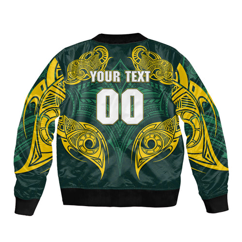 Custom Kangaroos Rugby Sleeve Zip Bomber Jacket Polynesian Tribal Pattern Green Gold National Team
