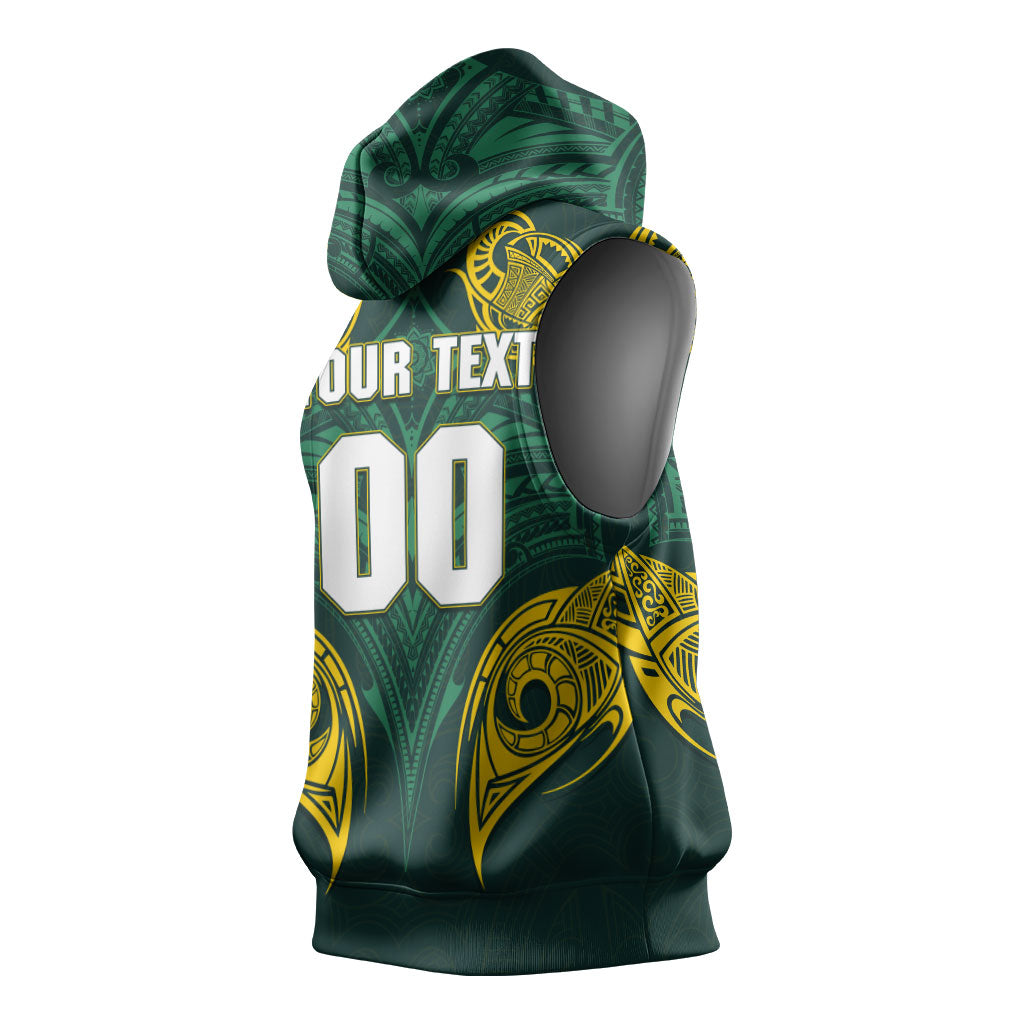 Custom Kangaroos Rugby Sleeveless Hoodie Polynesian Tribal Pattern Green Gold National Team