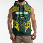 Custom Kangaroos Rugby Sleeveless Hoodie Polynesian Tribal Pattern Green Gold National Team