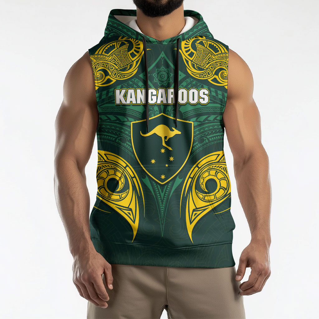 Custom Kangaroos Rugby Sleeveless Hoodie Polynesian Tribal Pattern Green Gold National Team