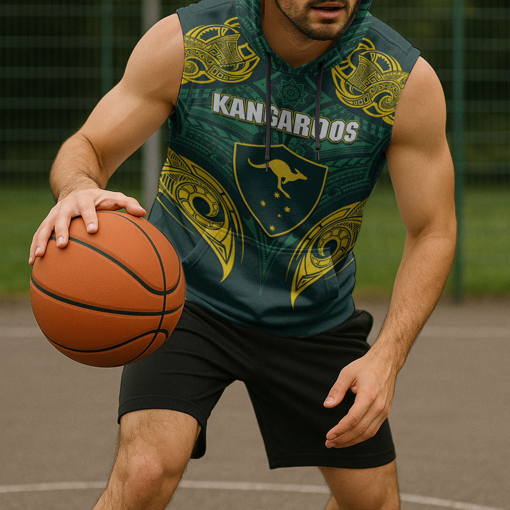 Custom Kangaroos Rugby Sleeveless Hoodie Polynesian Tribal Pattern Green Gold National Team