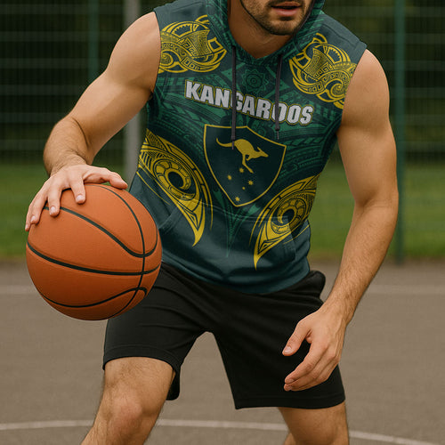 Custom Kangaroos Rugby Sleeveless Hoodie Polynesian Tribal Pattern Green Gold National Team